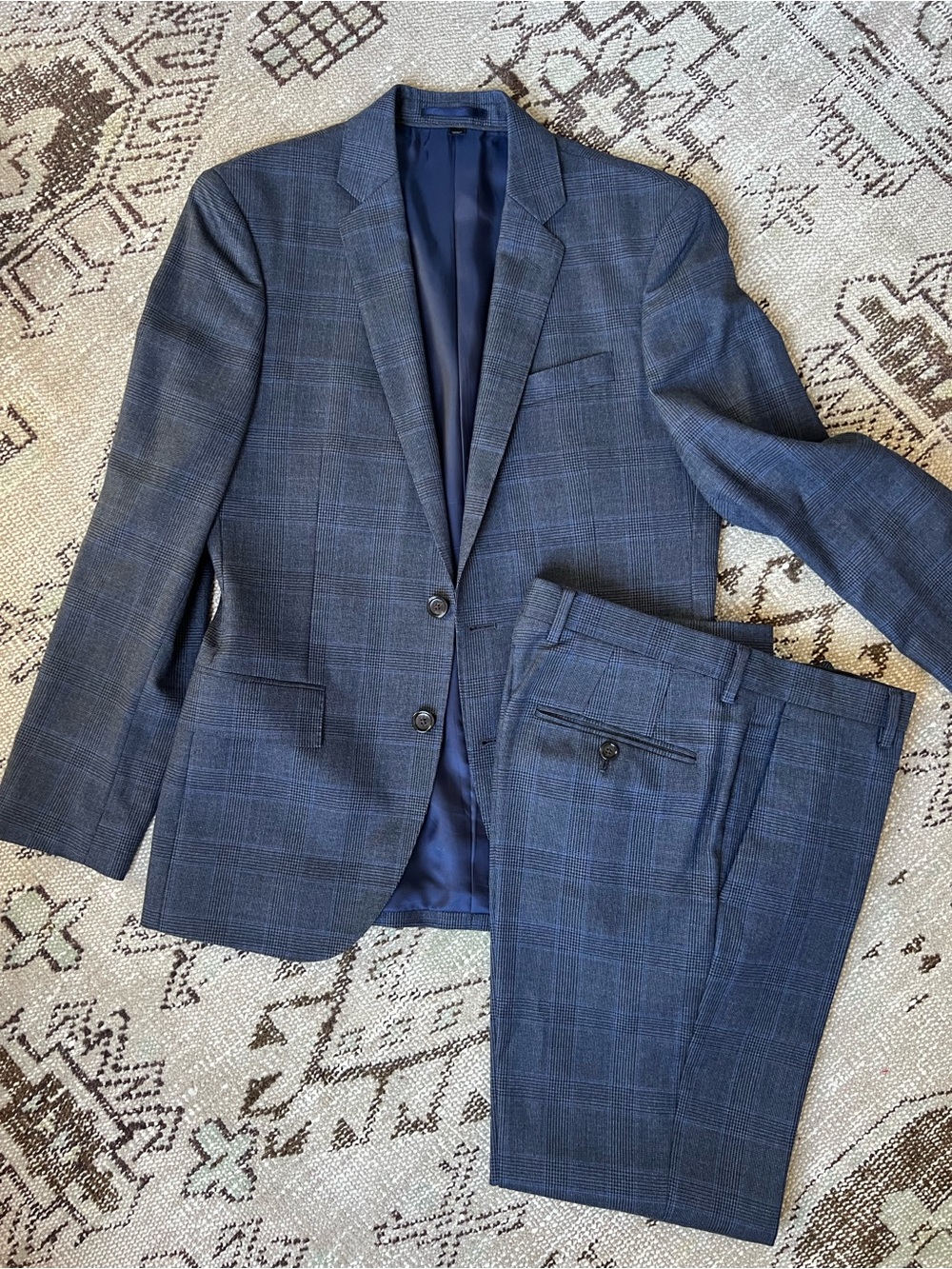 J.Crew Ludlow Plaid Wool Suit Blue 36S, W 30 L 28 - Like New